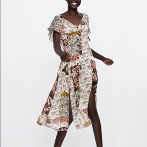 NWT! Zara Midi Boho Patchwork Print Slit Hem Dress